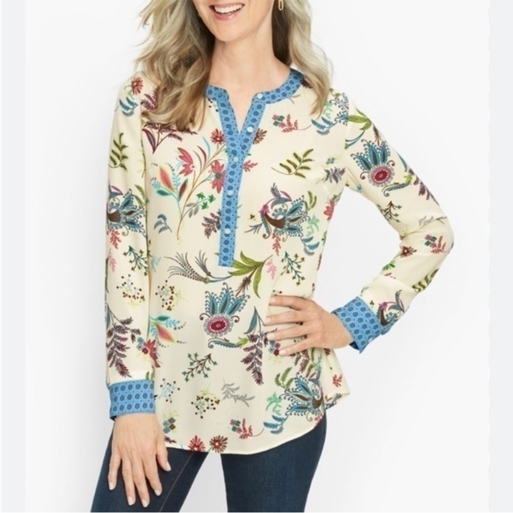 Talbots Floral Print Blouse with Blue Accents